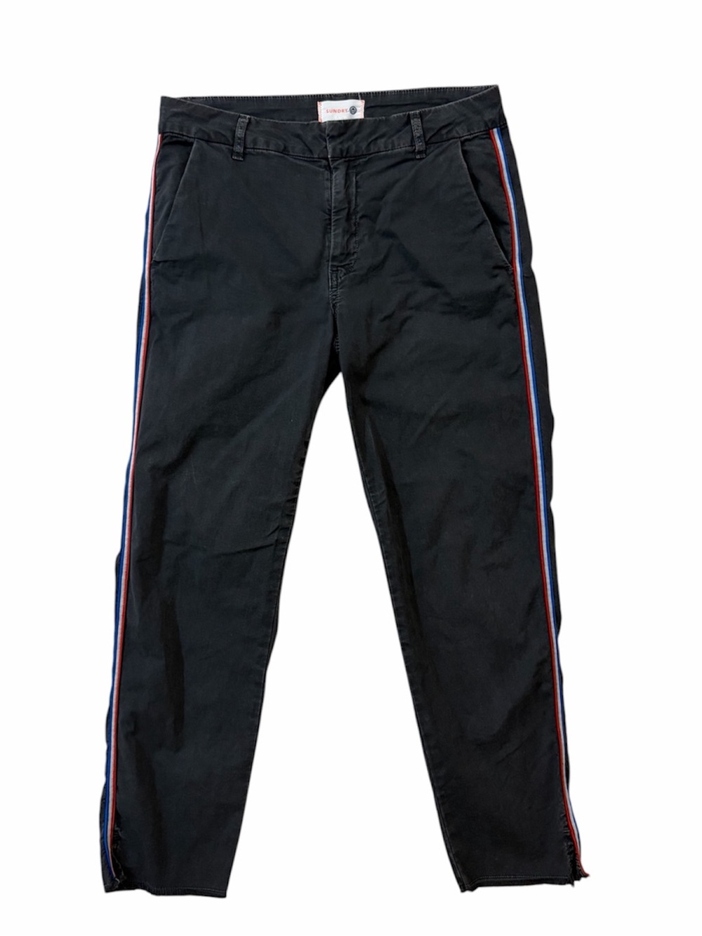 Sundry Faded Navy Chinos with Red White & Blue Side Stripes and Braided Belt